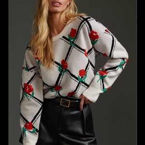 MAEVE ANTHROPOLOGIE CROPPED TRELLIS ROSE FLORAL PULLOVER SWEATER//SIZE LARGE